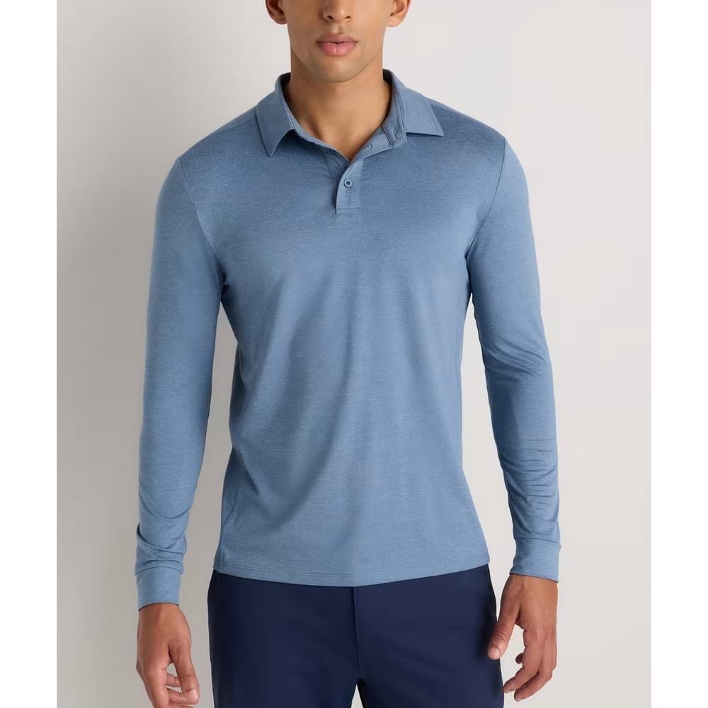 Quince Flowknit Breeze Performance Long Sleeve Polo Shirt Heather Blue Mens M
